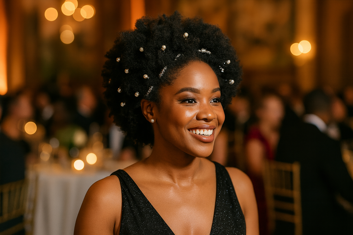 Black woman with thick hair wearing decorative hair pins at an elegant event