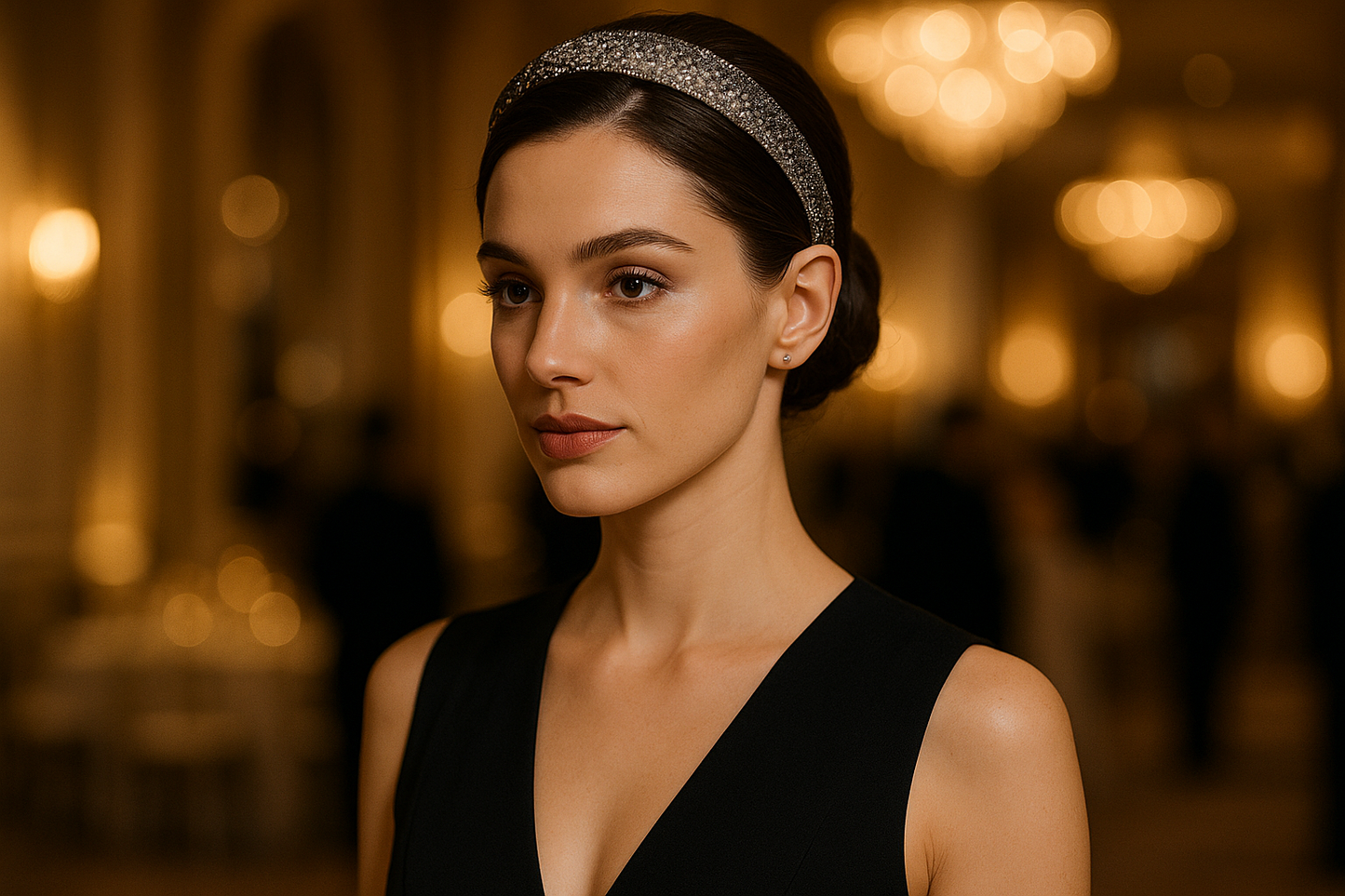 Elegant model wearing crystal headband at upscale event