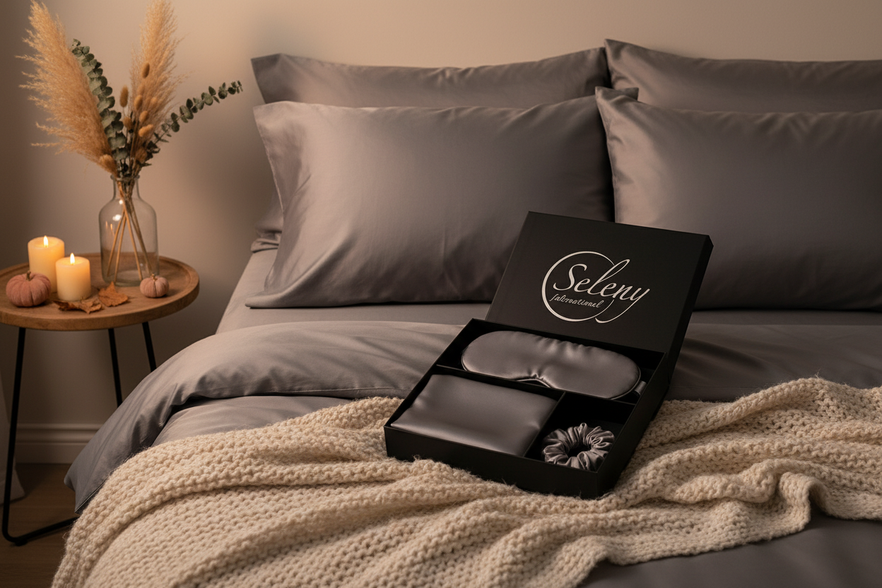 Grey silk pillowcase set on bed with fall aesthetic